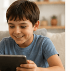 A child smiling while using a tablet in a bright family space.