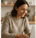 A parent planning quietly at a laptop with a warm, focused expression.